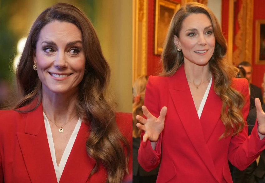 Кейт Миддлтон в красном костюме и с новым цветом волос возглавила первый государственный приём в этом году